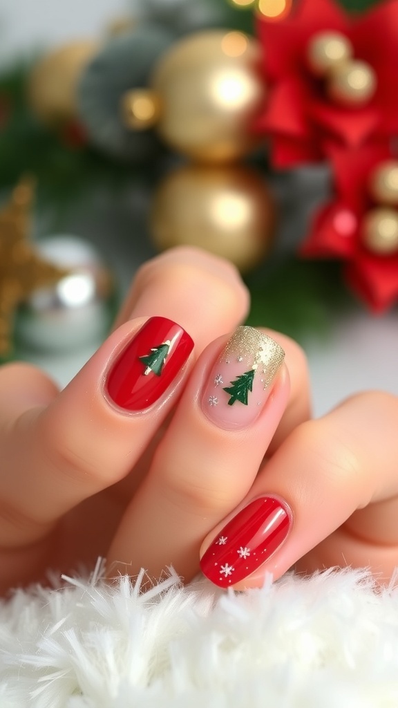 Elegant short Christmas nails with red, green, and gold designs, featuring snowflakes and glitter accents.